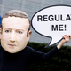 Person wearing Mark Zuckerberg mask in front of EU flag